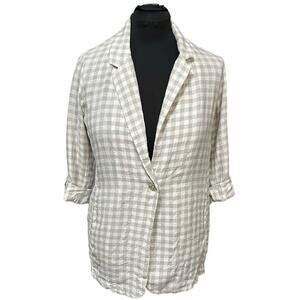 Cynthia Rowley Gray and White Plaid Linen Blazer w/ Pearl Button Closure Size M